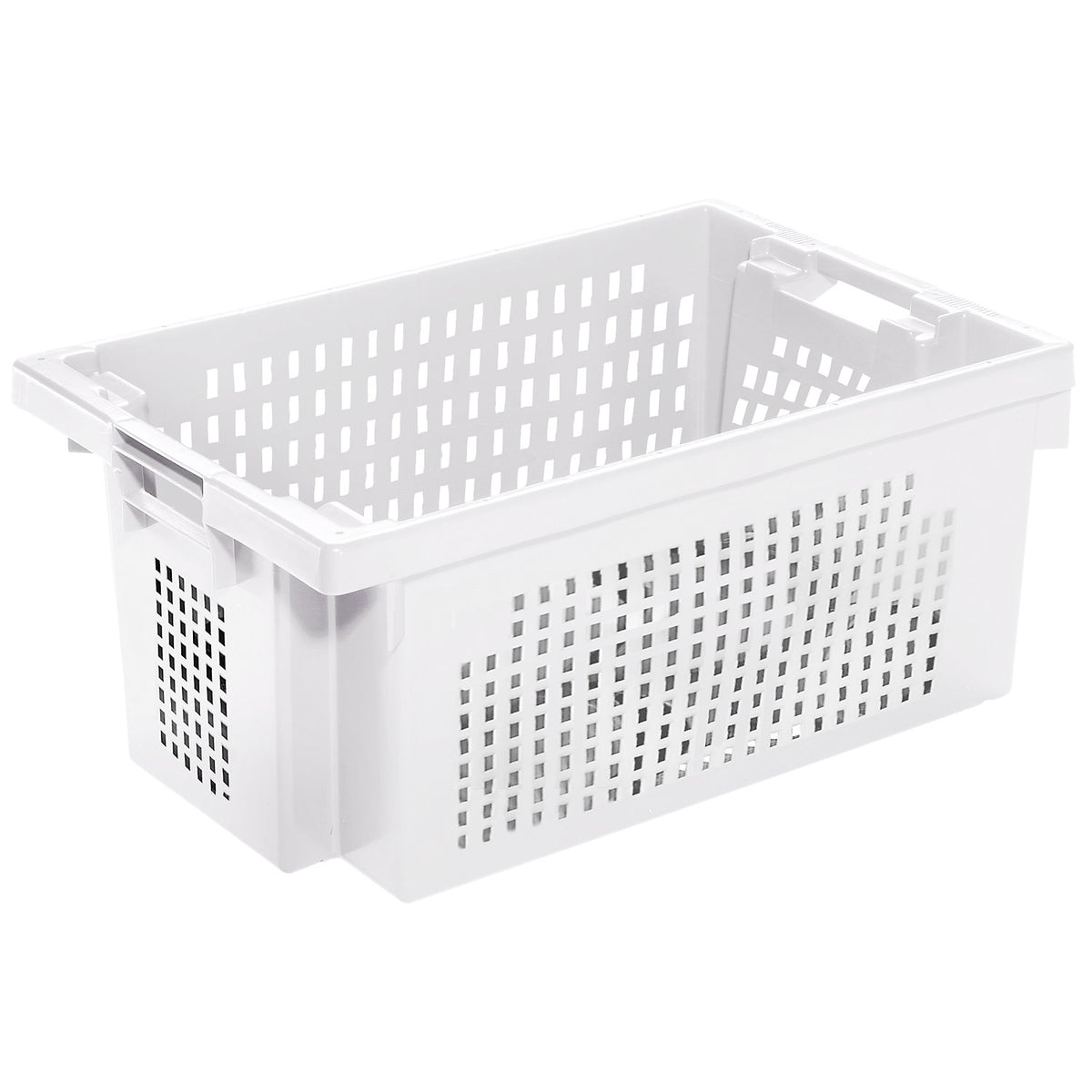 Stack/nest container made of HDPE, capacity 32 l, perforated walls and base, natural white.