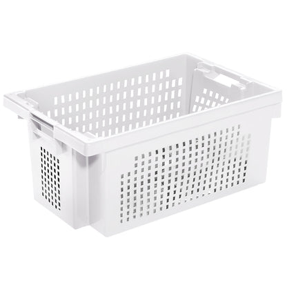 Stack/nest container made of HDPE, capacity 32 l, perforated walls and base, natural white.