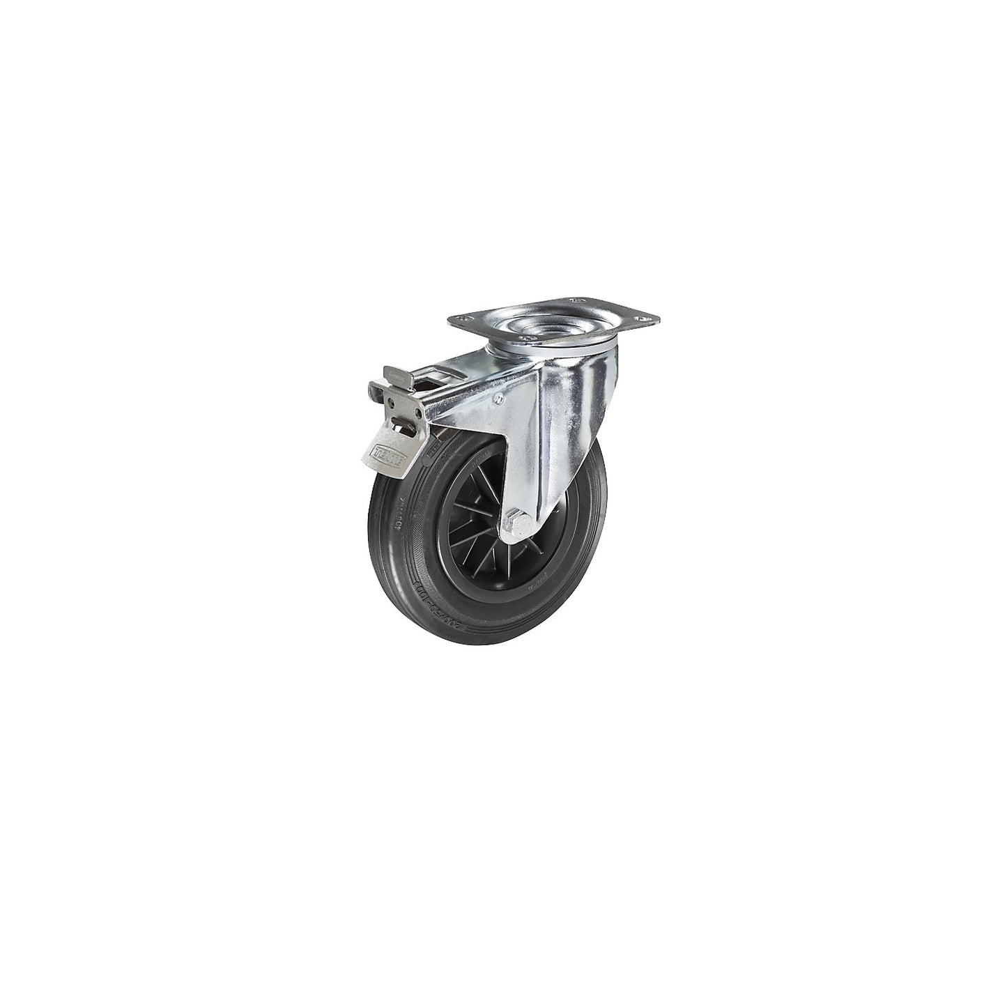 Solid rubber tyre on plastic rim, wheel Ø x width 80 x 25 mm, swivel castor with double stop.