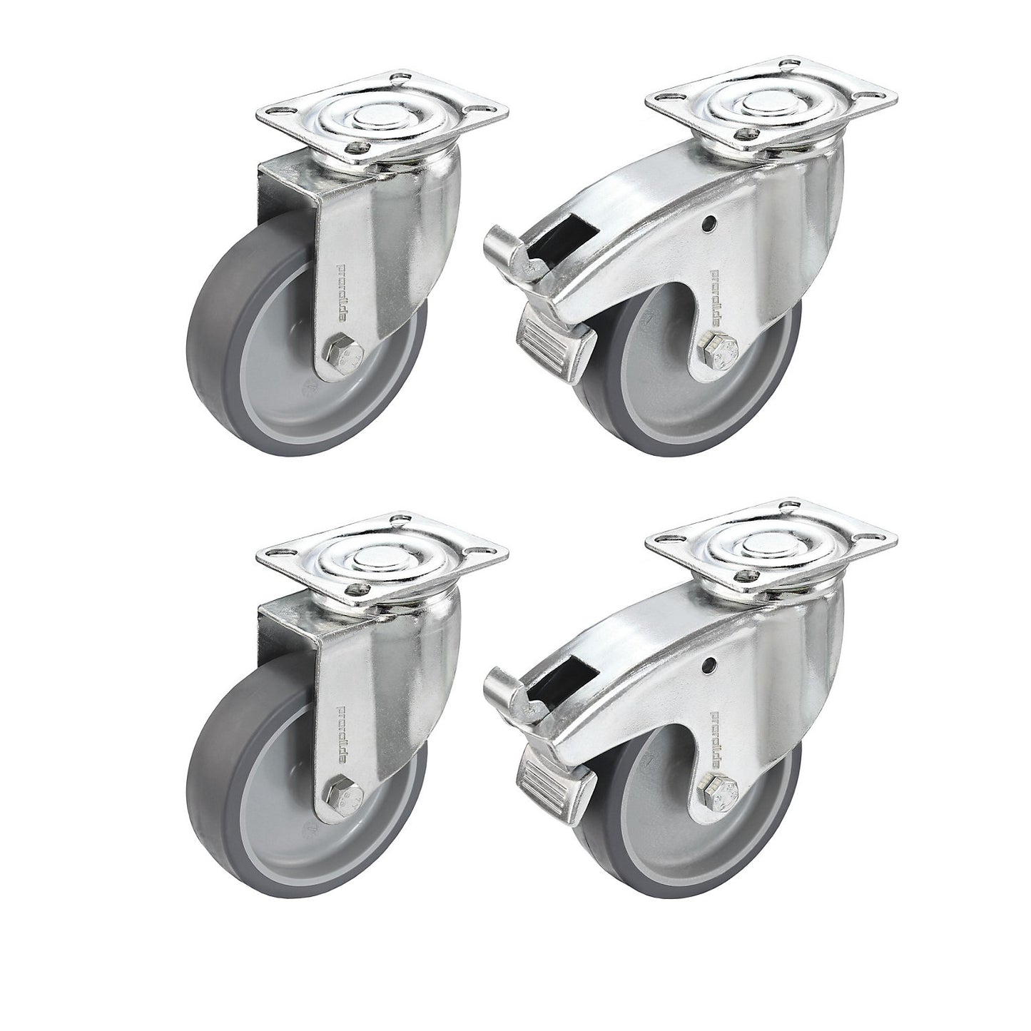 Set of thermoplastic rubber tyres, with mounting plate, 2 swivel castors and 2 swivel castors with double stops, wheel Ø x width 75 x 25 mm.