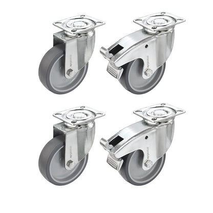 Set of thermoplastic rubber tyres, with mounting plate, 2 swivel castors and 2 swivel castors with double stops, wheel Ø x width 100 x 32 mm.