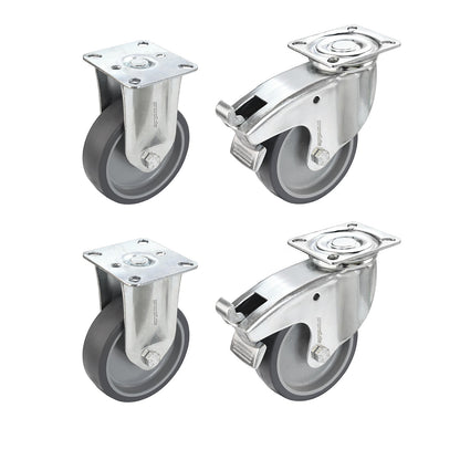 Set of thermoplastic rubber tyres, with mounting plate, 2 swivel castors with double stops and 2 fixed castors, wheel Ø x width 100 x 32 mm.