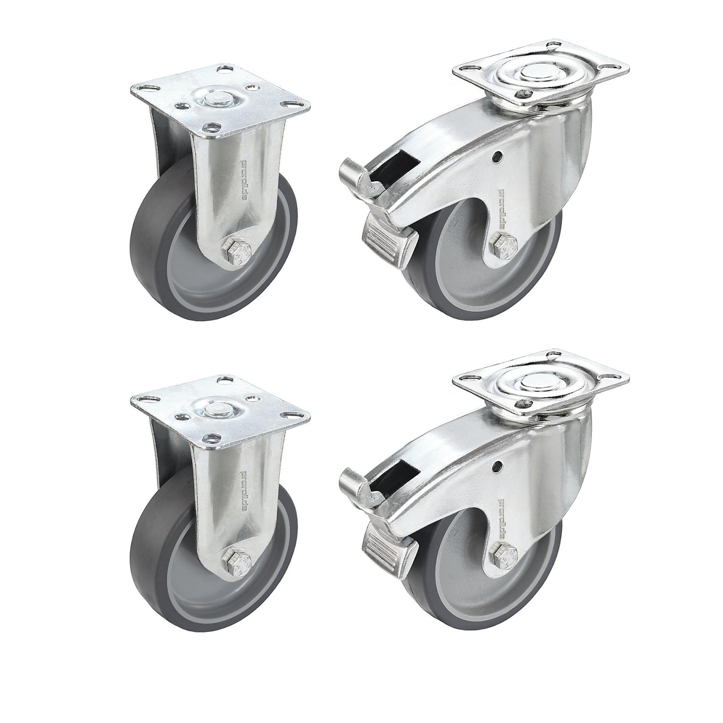 Set of thermoplastic rubber tyres, with mounting plate, 2 swivel castors with double stops and 2 fixed castors, wheel Ø x width 125 x 32 mm.