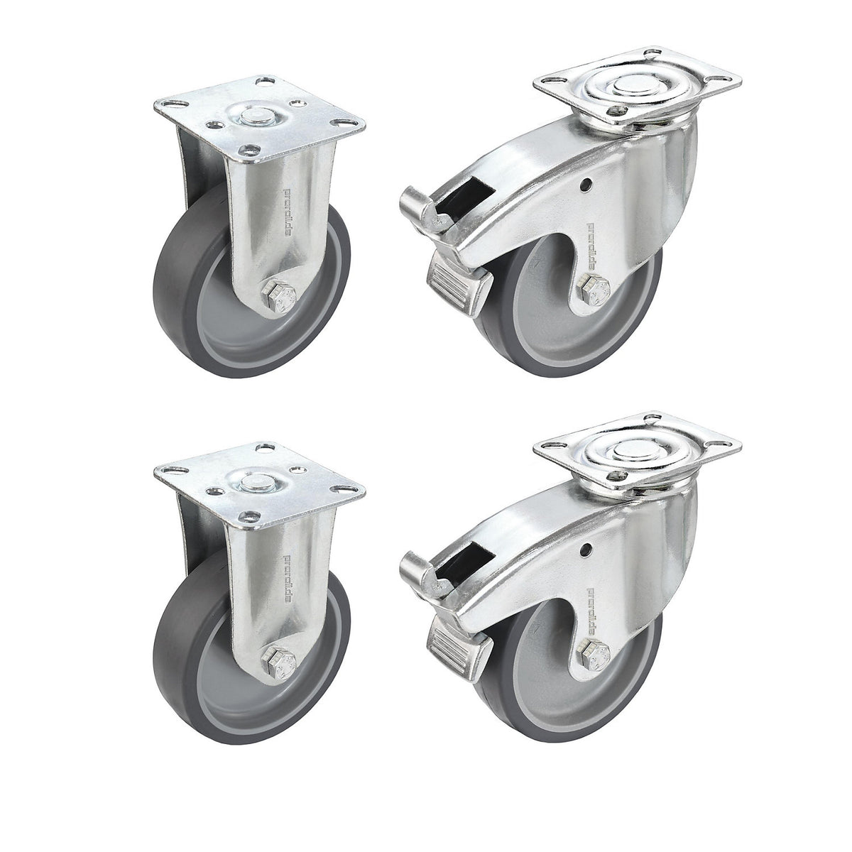 Set of thermoplastic rubber tyres, with mounting plate, 2 swivel castors with double stops and 2 fixed castors, wheel Ø x width 100 x 32 mm.