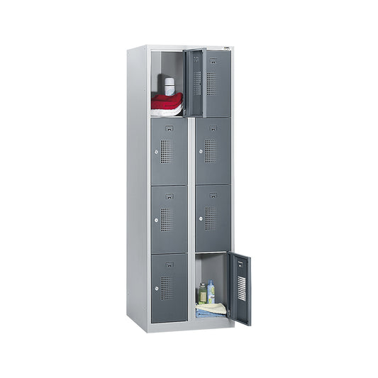 Amsterdam 4-fold compartment locker, 2 compartments, light grey / basalt grey, W 800 mm, 8 compartments, cylinder lock.