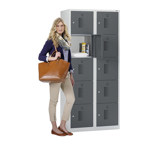 Amsterdam 5-fold compartment locker, 2 compartments, light grey / basalt grey, W 600 mm, 10 compartments, cylinder lock.