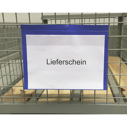 Labelling pouches with suspension holes, landscape format A4, with protective flap, blue, pack of 50.