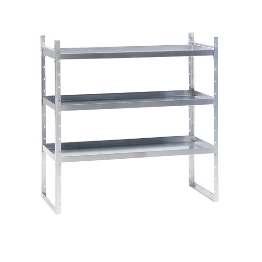 Small container shelf unit, 3 height adjustable tray shelves, HxWxD 1350 x 1350 x 600 mm.