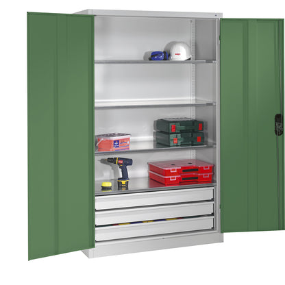 Large cupboard, extra high, HxW 1950 x 1200 mm, depth 500 mm, reseda green doors.