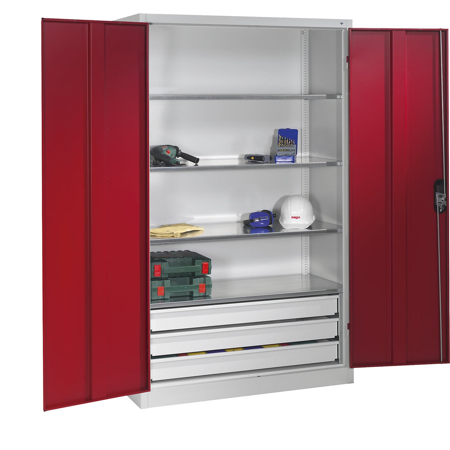 Large cupboard, extra high, HxW 1950 x 1200 mm, depth 500 mm, ruby red doors.