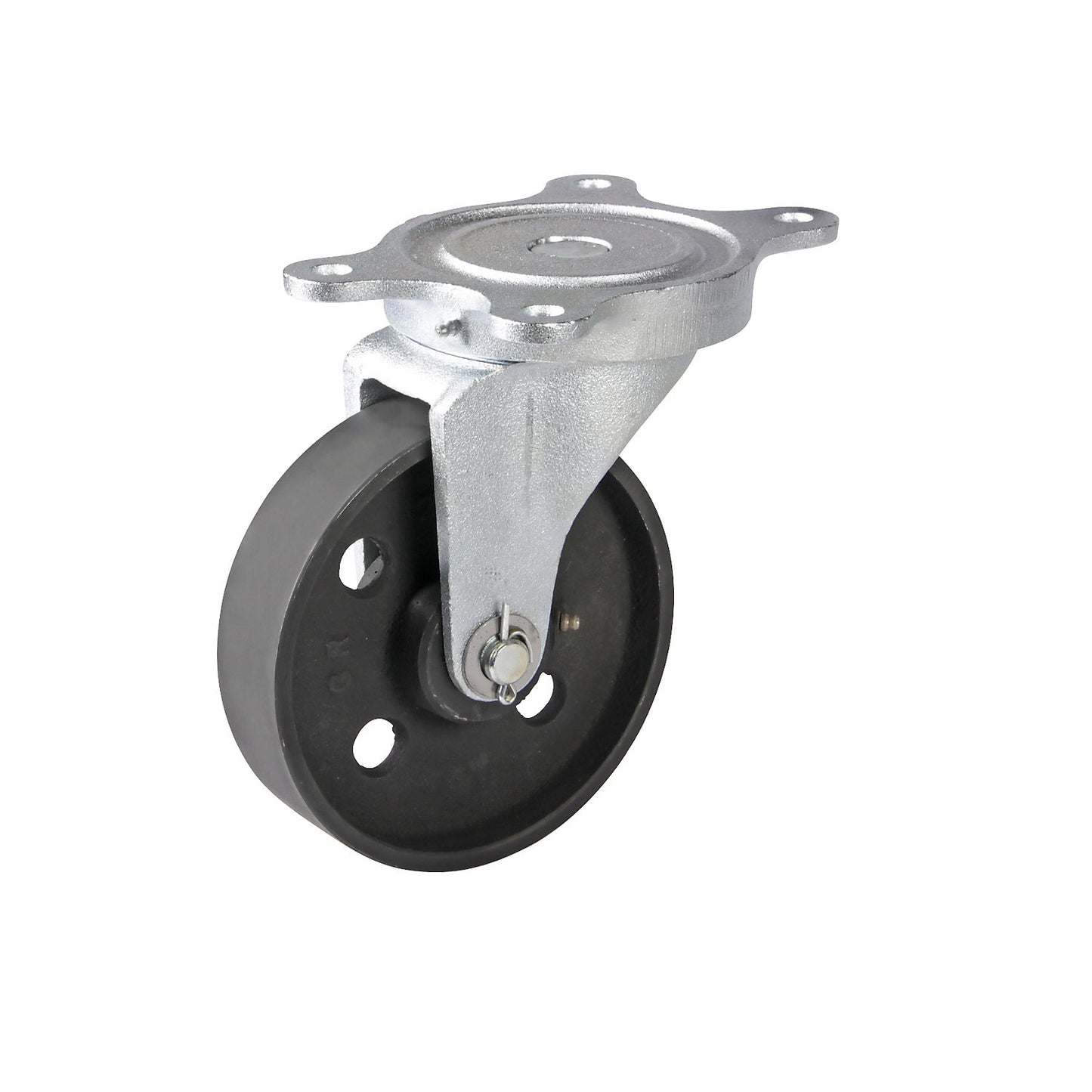 Grey cast iron wheel, annealed cast iron housing, wheel Ø x width 200 x 50 mm, swivel castor with plain bearings.
