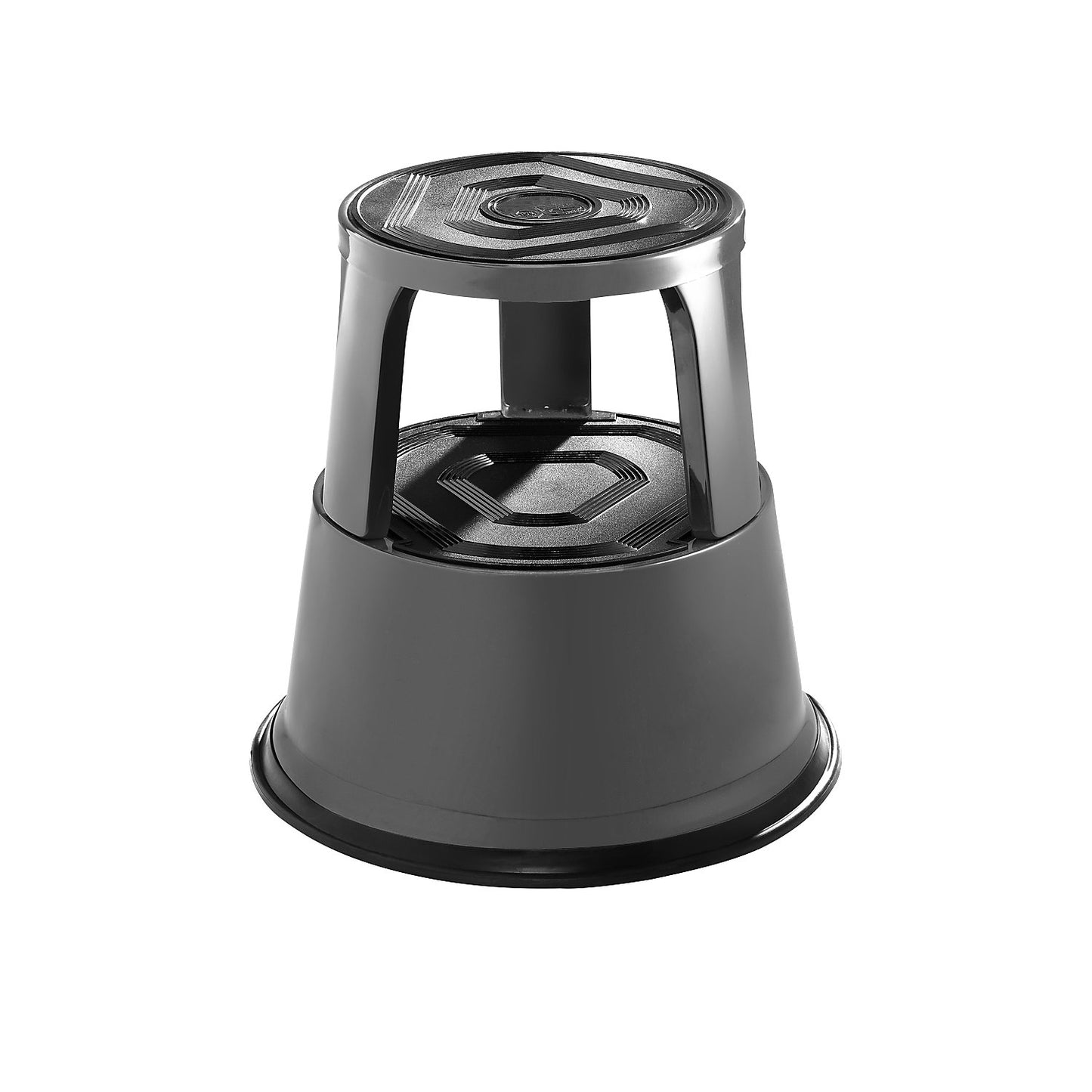 Kick stool made of sturdy sheet steel, height under load 420 mm, three castors, black.