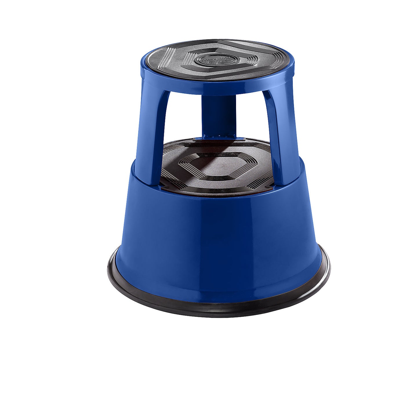 Kick stool made of sturdy sheet steel, height under load 420 mm, three castors, blue.