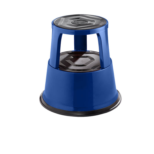 Kick stool made of sturdy sheet steel, height under load 420 mm, three castors, blue.