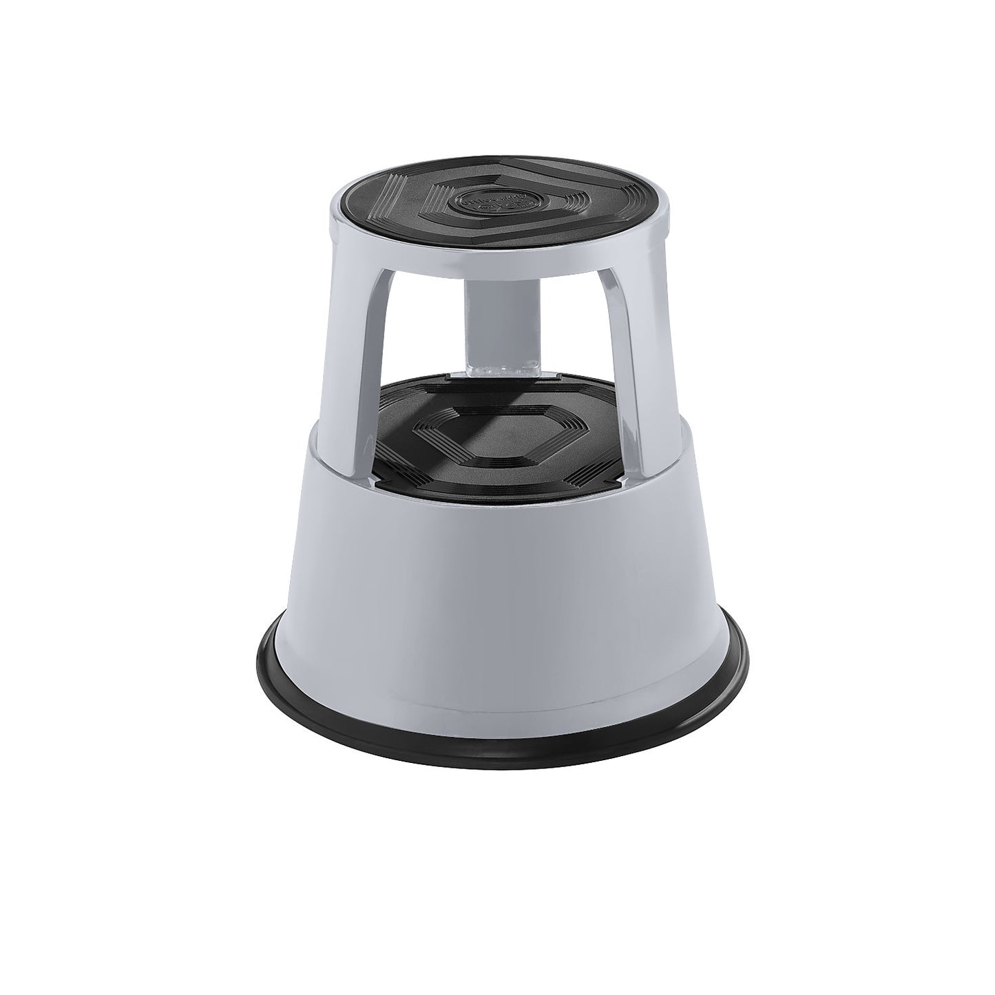 Kick stool made of sturdy sheet steel, height under load 420 mm, three castors, grey.
