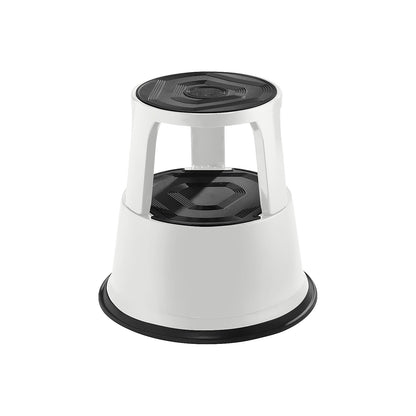Kick stool made of sturdy sheet steel, max. load 150 kg, height under load 420 mm, light grey.