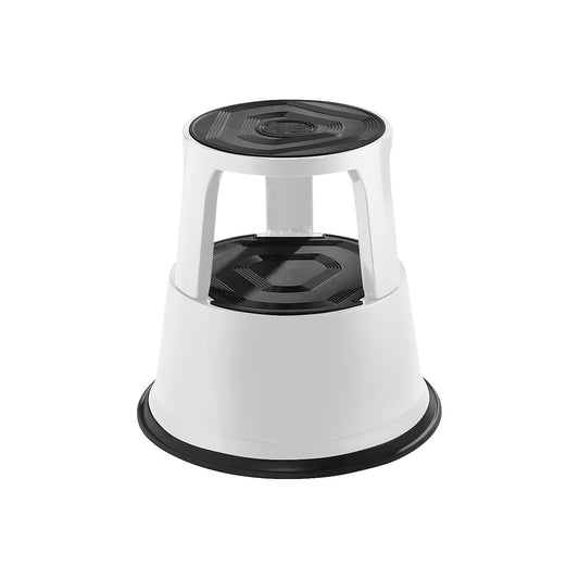 Kick stool made of sturdy sheet steel, max. load 150 kg, height under load 420 mm, light grey.