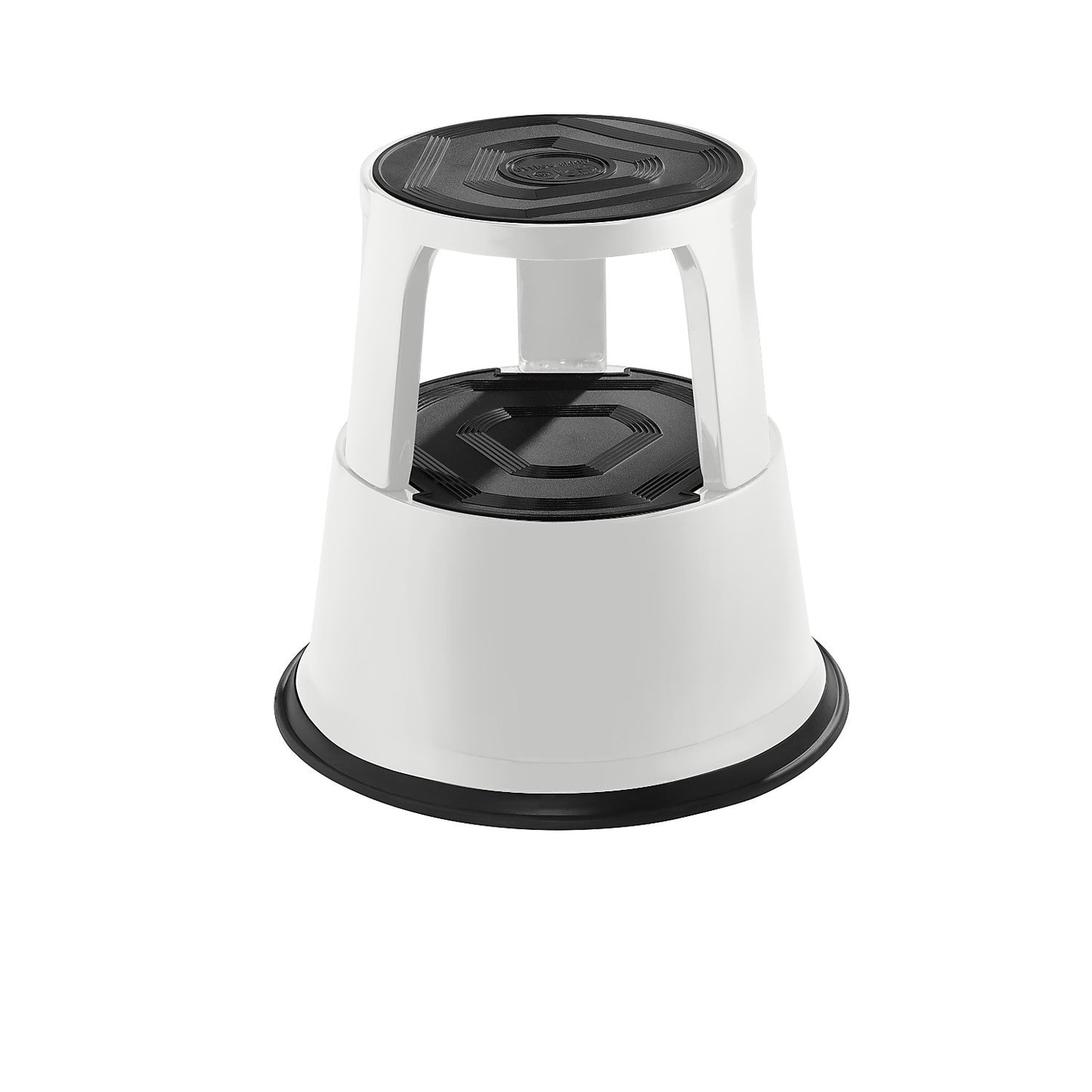 Kick stool made of sturdy sheet steel, height under load 420 mm, three castors, light grey.