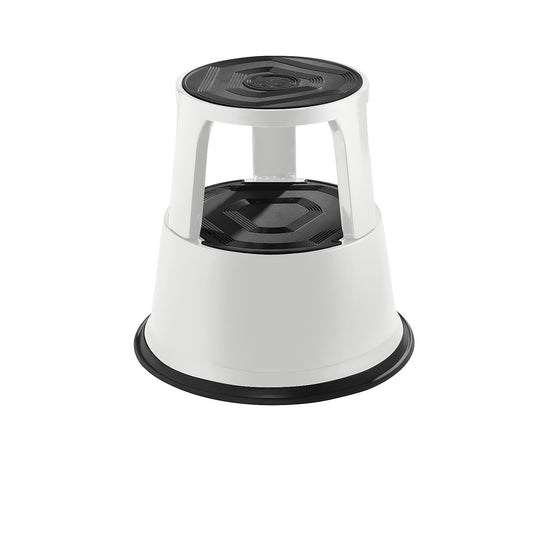 Kick stool made of sturdy sheet steel, height under load 420 mm, three castors, light grey.