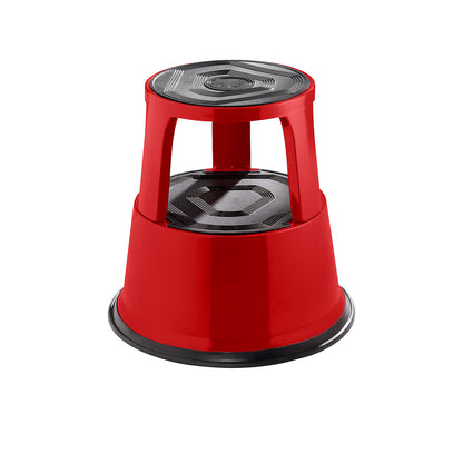 Kick stool made of sturdy sheet steel, height under load 420 mm, three castors, red.