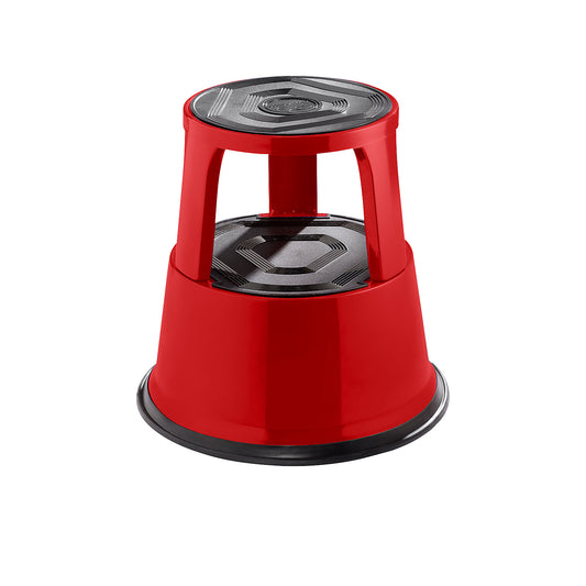 Kick stool made of sturdy sheet steel, height under load 420 mm, three castors, red.