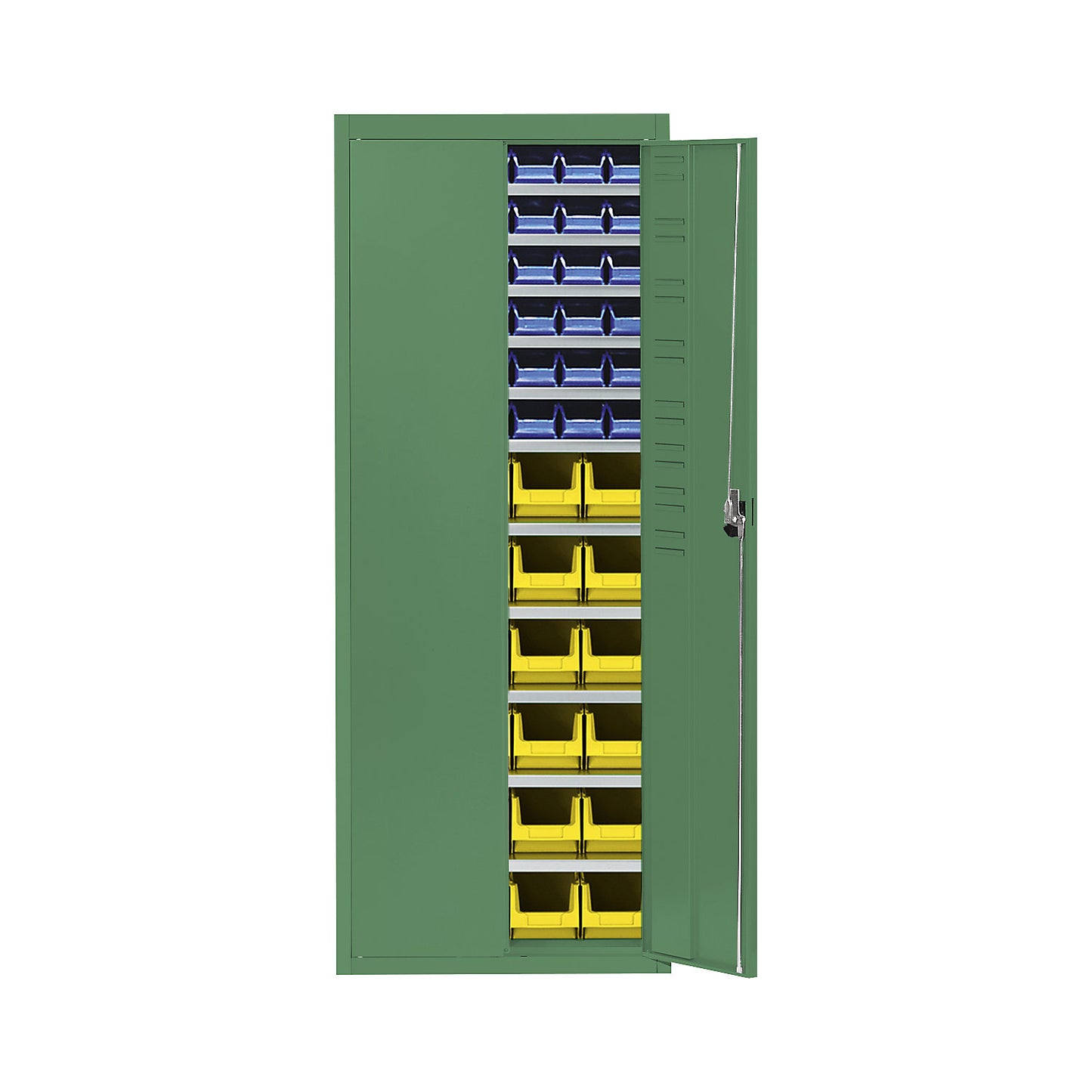 Storage cupboard with open fronted storage bins, HxWxD 1740 x 680 x 280 mm, single colour, green, 60 bins.