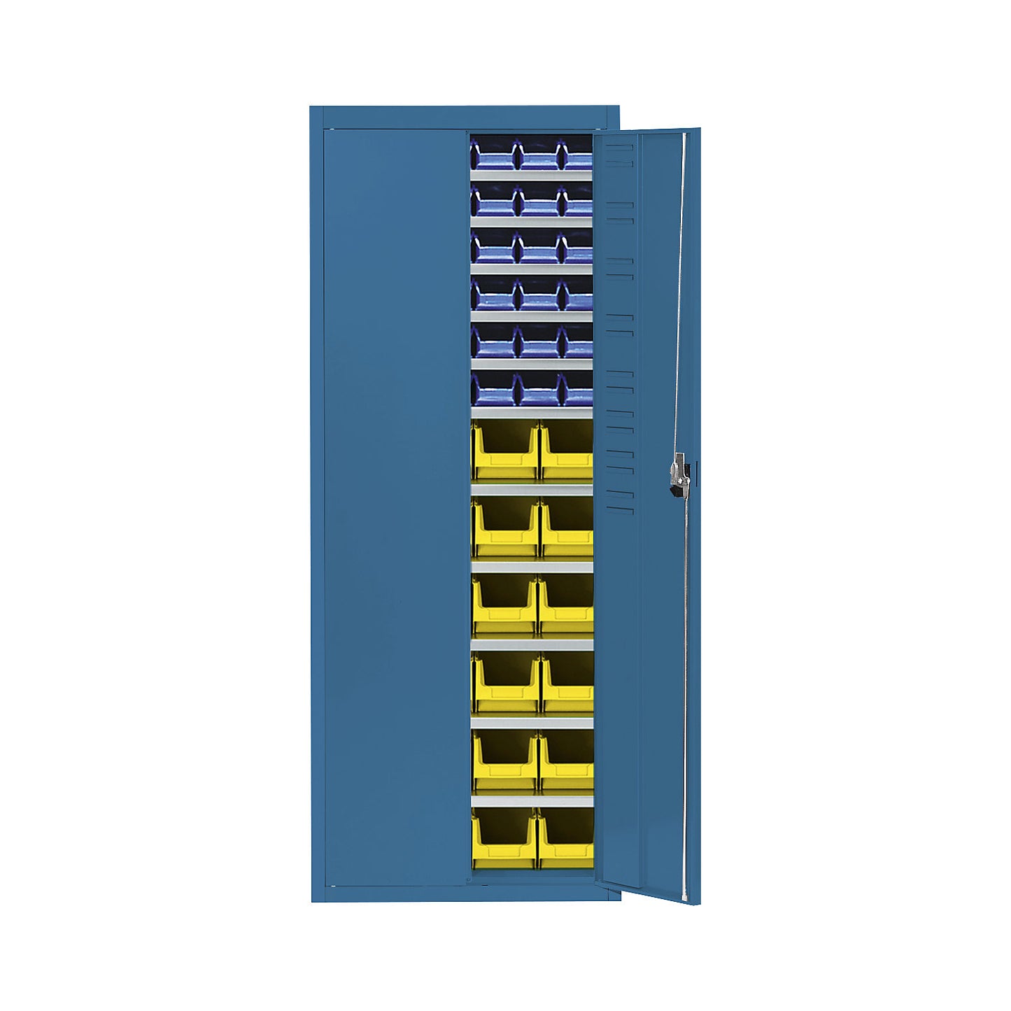 Storage cupboard with open fronted storage bins, HxWxD 1740 x 680 x 280 mm, single colour, blue, 60 bins.