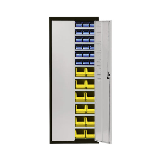 Storage cupboard with open fronted storage bins, HxWxD 1740 x 680 x 280 mm, two-colour, black body, grey doors, 60 bins.