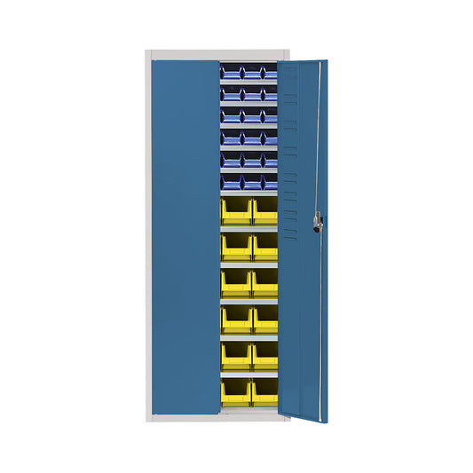 Storage cupboard with open fronted storage bins, HxWxD 1740 x 680 x 280 mm, two-colour, grey body, blue doors, 60 bins.