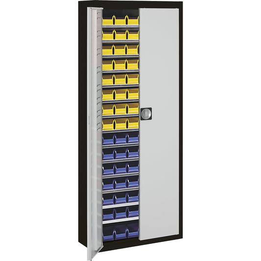 Storage cupboard with open fronted storage bins, HxWxD 1740 x 680 x 280 mm, two-colour, black body, grey doors, 90 bins.