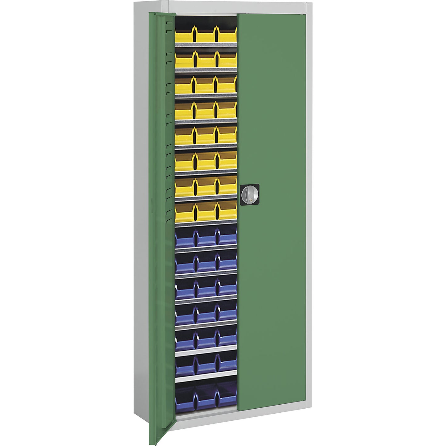 Storage cupboard with open fronted storage bins, HxWxD 1740 x 680 x 280 mm, two-colour, grey body, green doors, 90 bins.