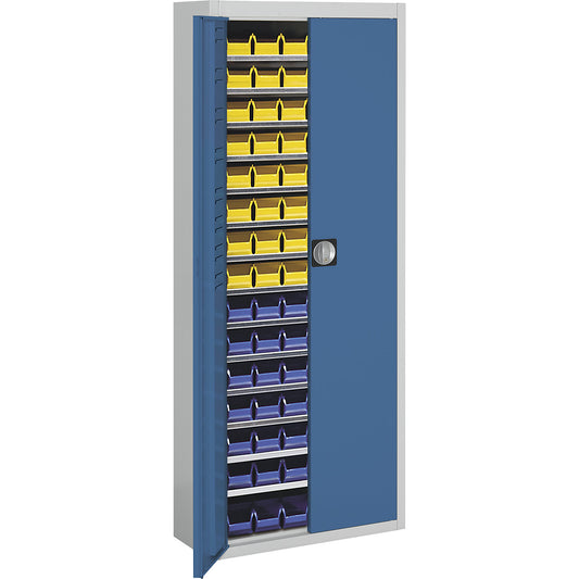 Storage cupboard with open fronted storage bins, HxWxD 1740 x 680 x 280 mm, two-colour, grey body, blue doors, 90 bins.