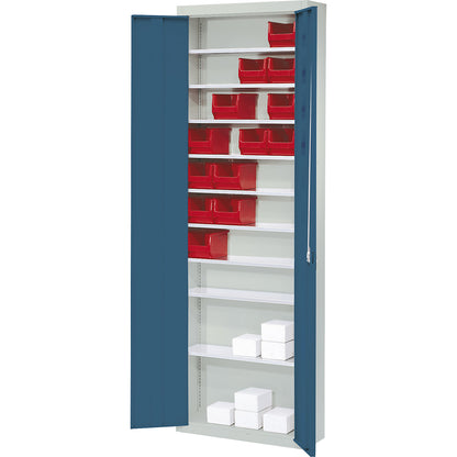 Storage cupboard, without open fronted storage bins, HxWxD 2150 x 680 x 280 mm, two-colour, grey body, blue doors.