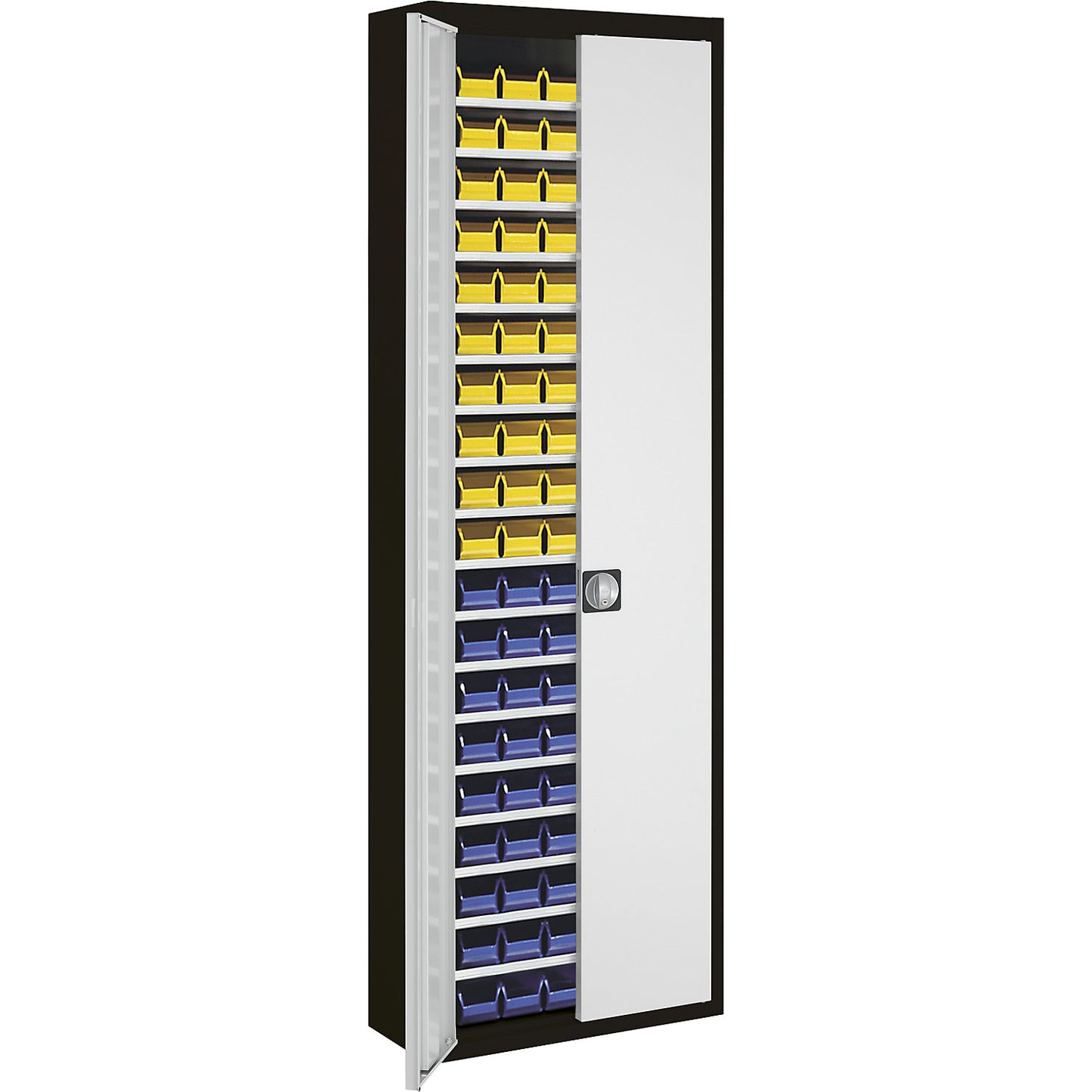 Storage cupboard with open fronted storage bins, HxWxD 2150 x 680 x 280 mm, two-colour, black body, grey doors, 114 bins.