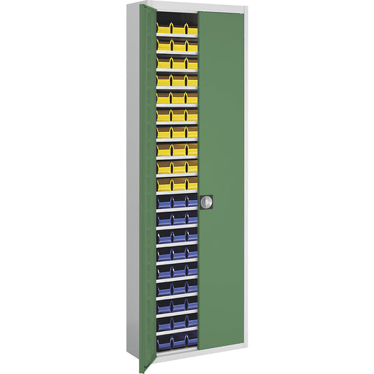 Storage cupboard with open fronted storage bins, HxWxD 2150 x 680 x 280 mm, two-colour, grey body, green doors, 114 bins.