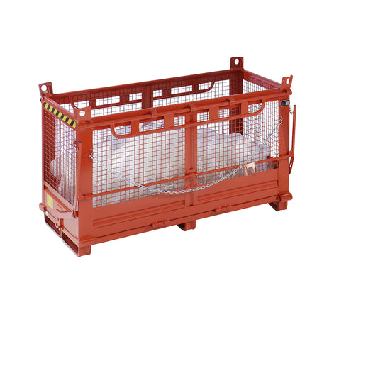 Hinged bottom skip, 2 base flaps, mesh panels, capacity 2.0 m³.