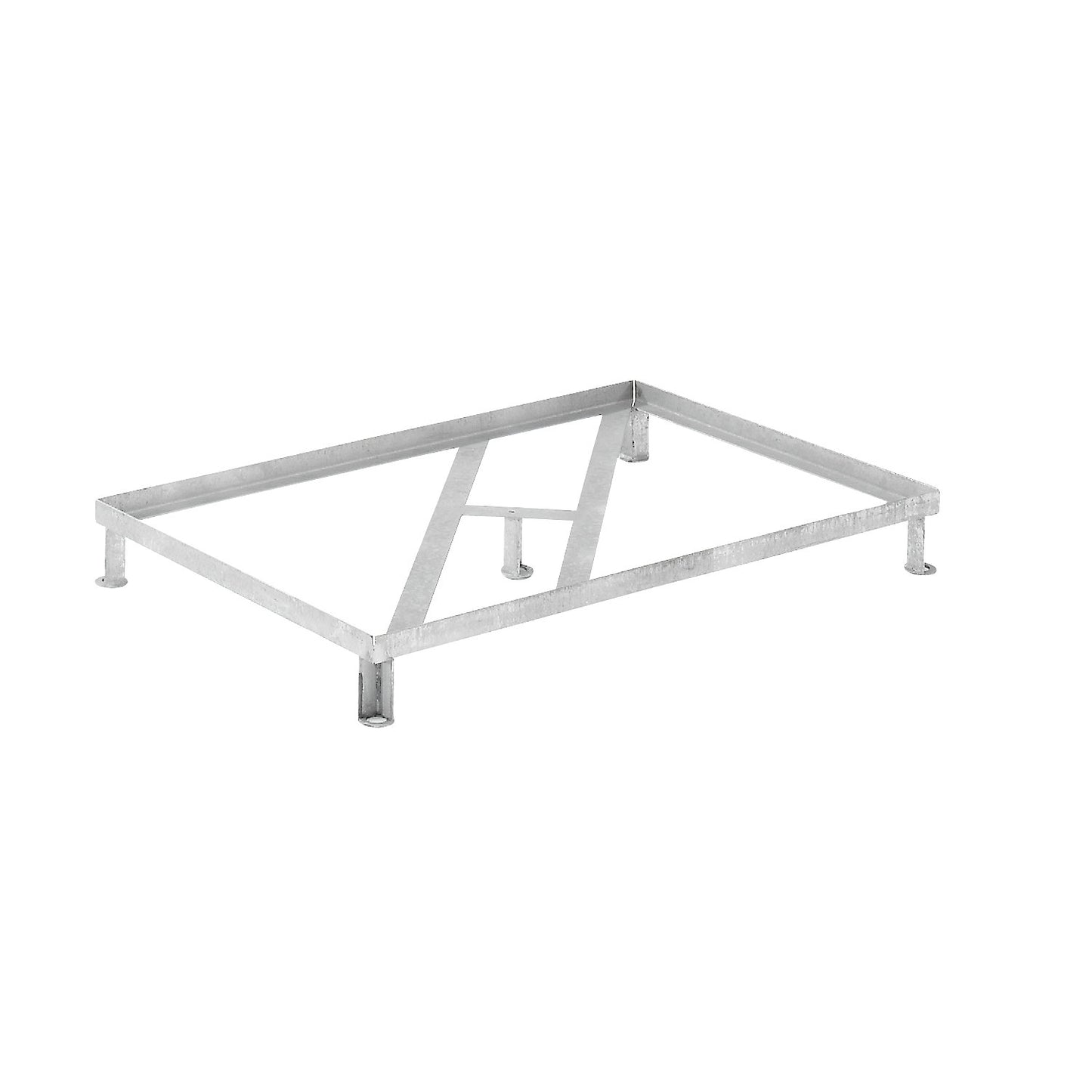Steel base frame for GRP sump tray, with dimensions LxWxH 1280 x 850 x 270 mm, for tray with 2 drums, zinc plated.