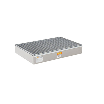 GRP pallet sump tray, with certification, with stop lugs, with steel grate.