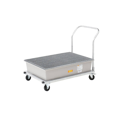 Mobile GRP sump tray, with steel grate, LxWxH 1520 x 860 x 1080 mm.