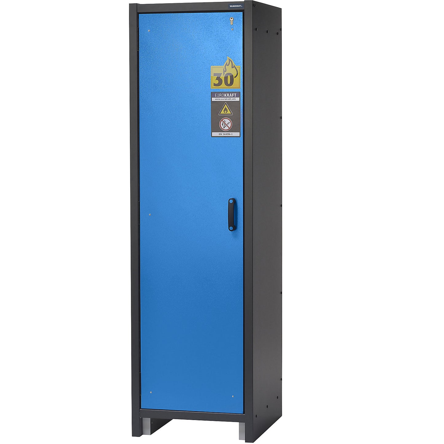 Fire resistant hazardous goods storage cupboard type 30, 1 door, 3 shelves, light blue door.