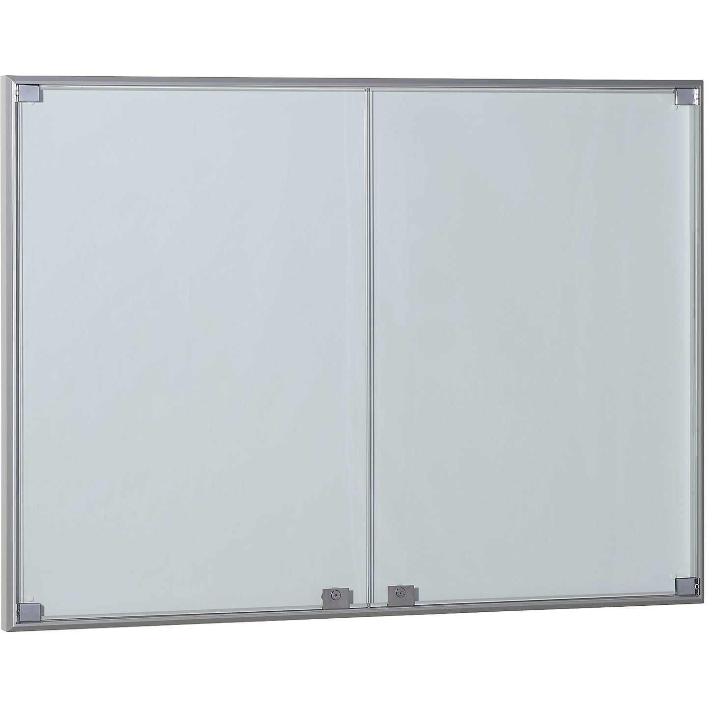 Display case, aluminium frame, double doors, capacity 18 x A4 sheets, HxWxD 970 x 1330 x 50 mm, square frame corners.