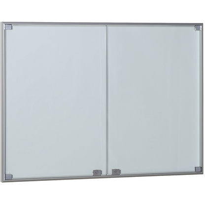 Display case, aluminium frame, double doors, capacity 18 x A4 sheets, HxWxD 970 x 1330 x 50 mm, square frame corners.
