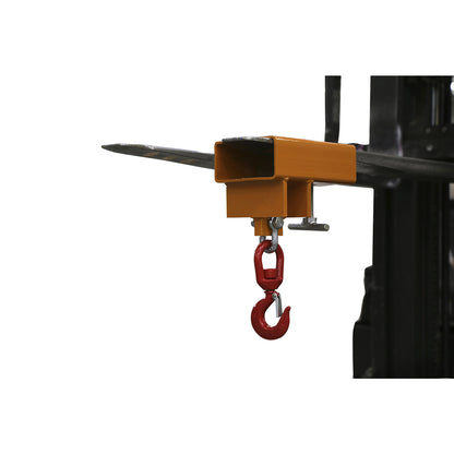 Load hook for 1 fork tip, max. load 1 t, painted, yellow orange RAL 2000.