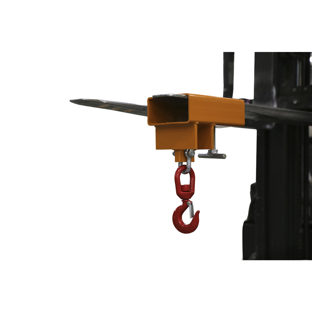 Load hook for 1 fork tip, max. load 1 t, painted, yellow orange RAL 2000.