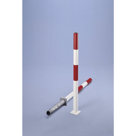 Barrier post made of tubular steel, red / white, for setting in concrete, Ø 60 mm, with cylinder lock incl. 3 keys.
