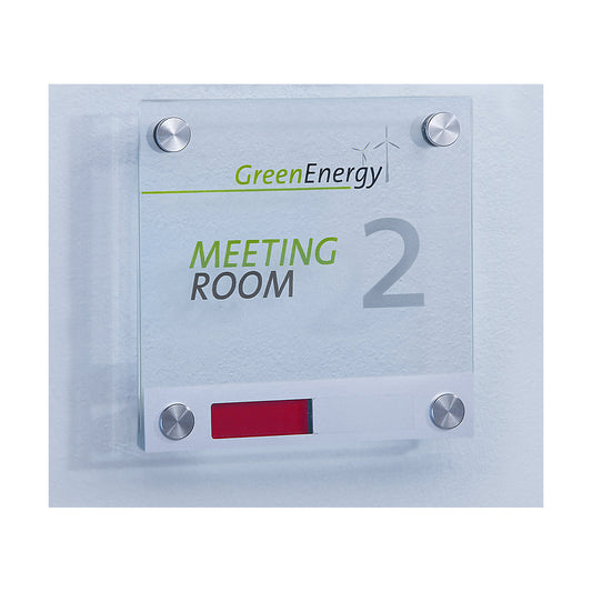 Door sign made of single pane safety glass, with vacant/occupied indicator, WxH 150 x 150 mm.