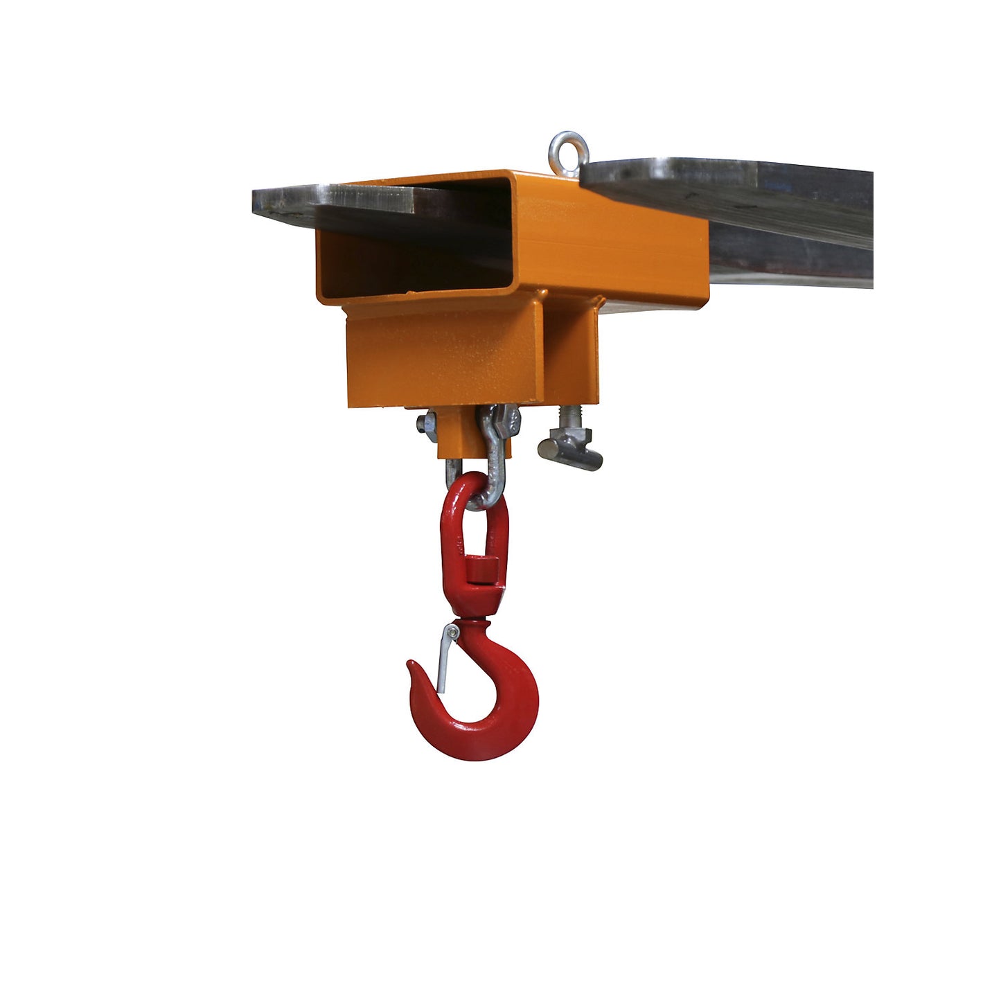 Load hook for 1 fork tip, max. load 1 t, painted, yellow orange RAL 2000.
