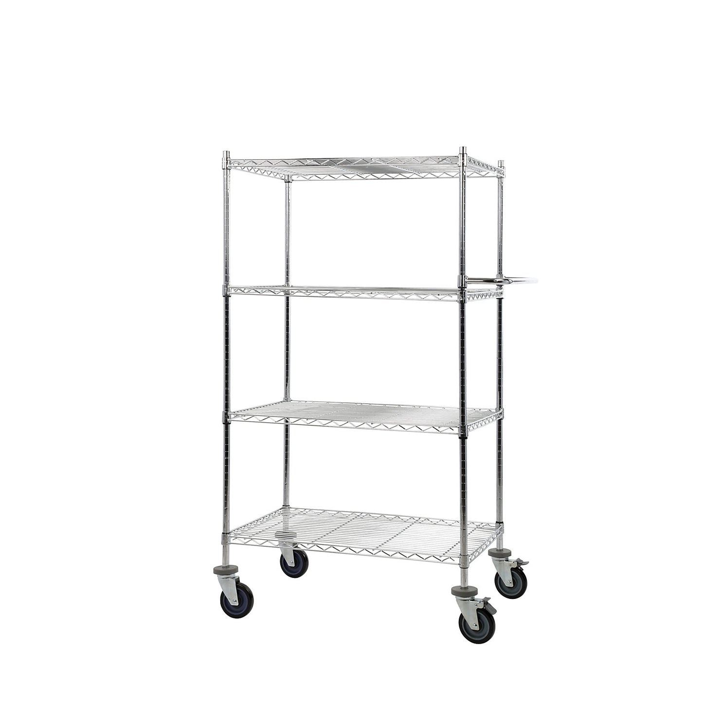 Wire mesh table trolley, chrome plated, with 4 shelves, LxWxH 910 x 610 x 1665 mm.