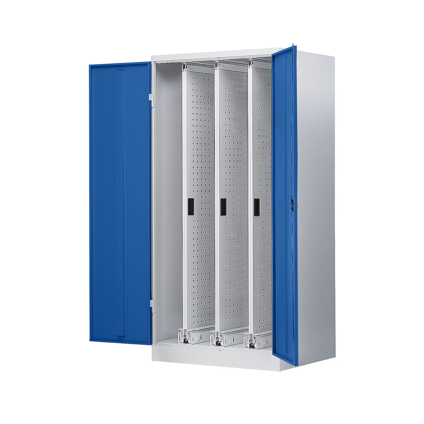Vertical pull-out cupboard, with 3 drawers, light grey / gentian blue.