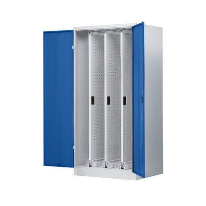 Vertical pull-out cupboard, with 3 drawers, light grey / gentian blue.